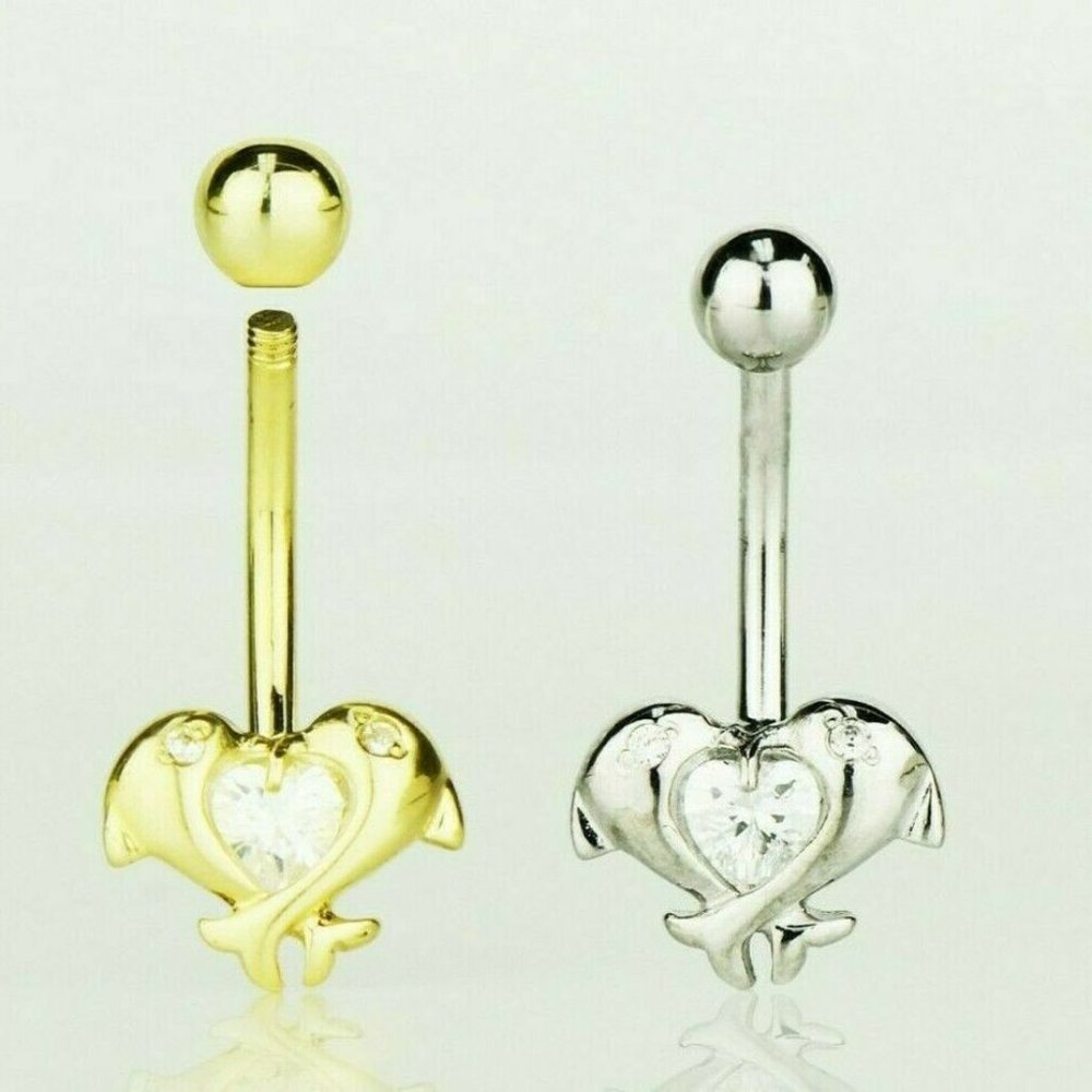 Solid 14k Gold Dolphin Love Belly Button Ball Body Jewelry Piercing with Stone